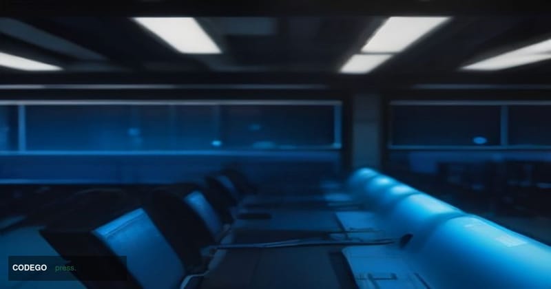 A dramatic cinematic editorial photograph taken from a low angle inside a darkened federal operations center, with rows of wo