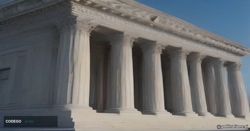 A dramatic cinematic editorial photograph of the marble facade and imposing ionic columns of the United States Supreme Court 