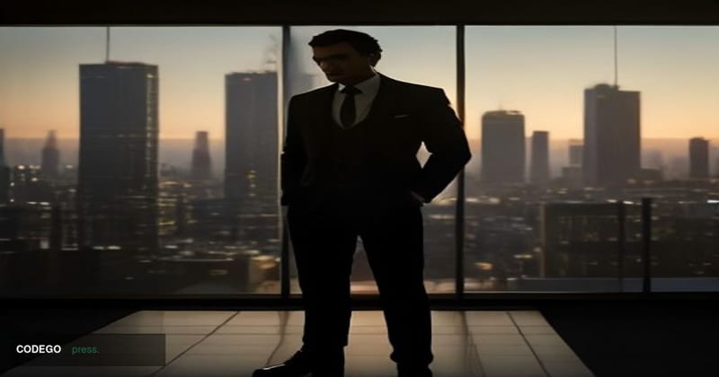 A cinematic editorial photograph set inside a grand Johannesburg financial conference hall, with floor-to-ceiling glass windo