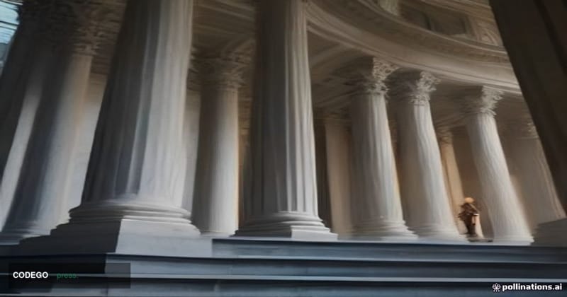 A solemn, cinematic editorial photograph taken from a low-angle perspective looking up at the imposing neoclassical marble co