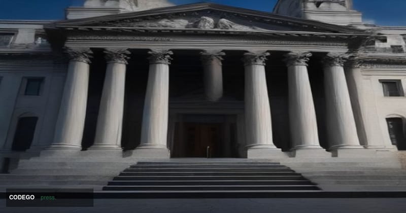 A dramatic cinematic editorial photograph of the exterior of the SEC's Washington D.C. headquarters building — a large neocla