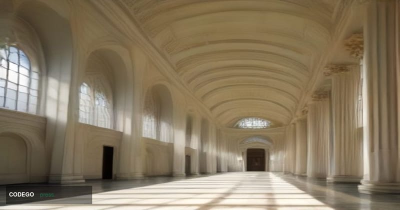 A grand neoclassical government building interior — modeled on Washington D.C. federal architecture — photographed from a low