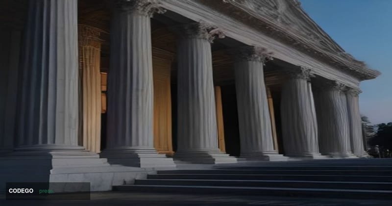 A cinematic editorial photograph of the exterior of a grand neoclassical government building in Washington D.C., shot from a 
