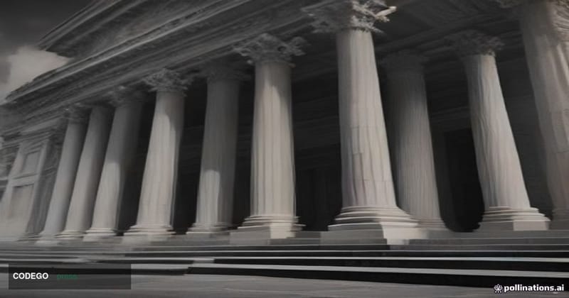 A cinematic editorial photograph of a federal courthouse exterior in New Jersey, captured from a low-angle wide shot at dusk,