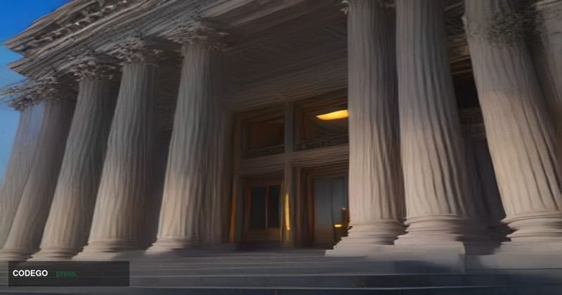 A dramatic low-angle cinematic shot of the neoclassical facade of the SEC's Washington D.C. headquarters at dusk, its marble 
