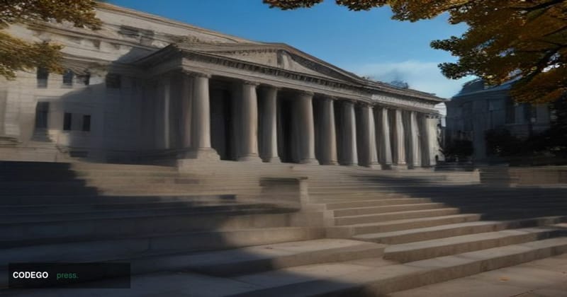 A wide-angle cinematic editorial photograph of the exterior of the U.S. Securities and Exchange Commission headquarters in Wa