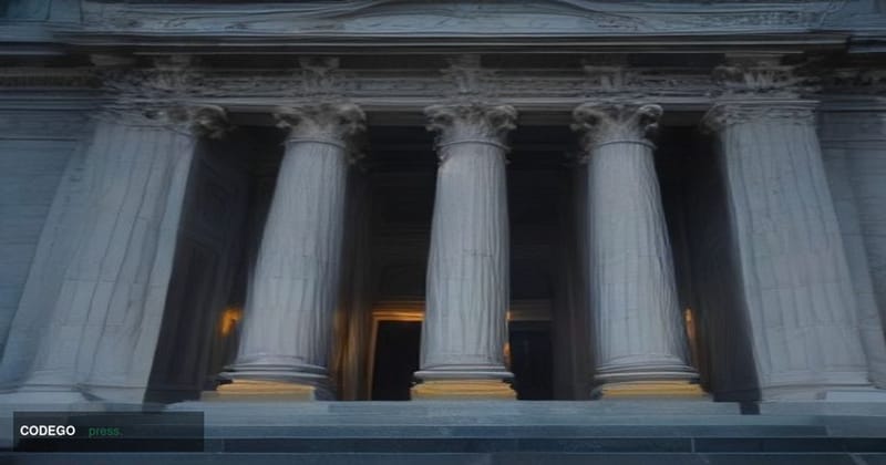 A dramatic cinematic editorial photograph shot at ground level looking up at the imposing neoclassical granite facade of a fe