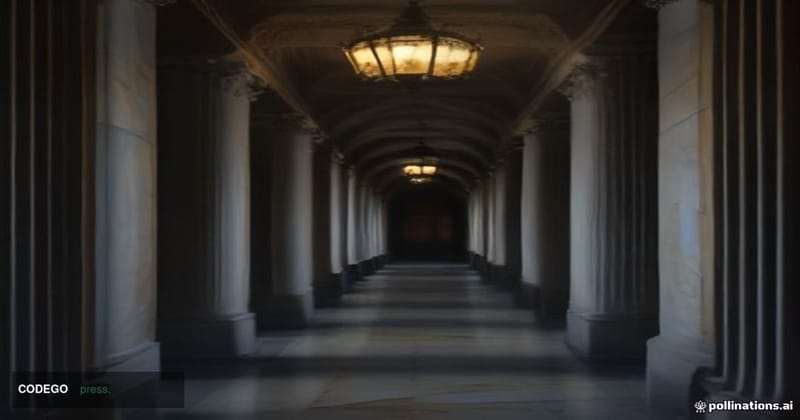 A wide-angle cinematic shot of the United States Senate chamber corridor exterior at dusk, the neoclassical marble columns of