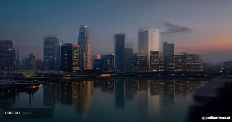 A cinematic editorial photograph set in Singapore's central financial district at dusk, with the iconic Marina Bay skyline an