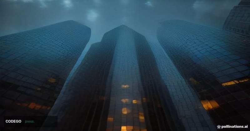 A dramatic cinematic editorial photograph shot at ground level looking upward at three towering glass-and-steel bank headquar