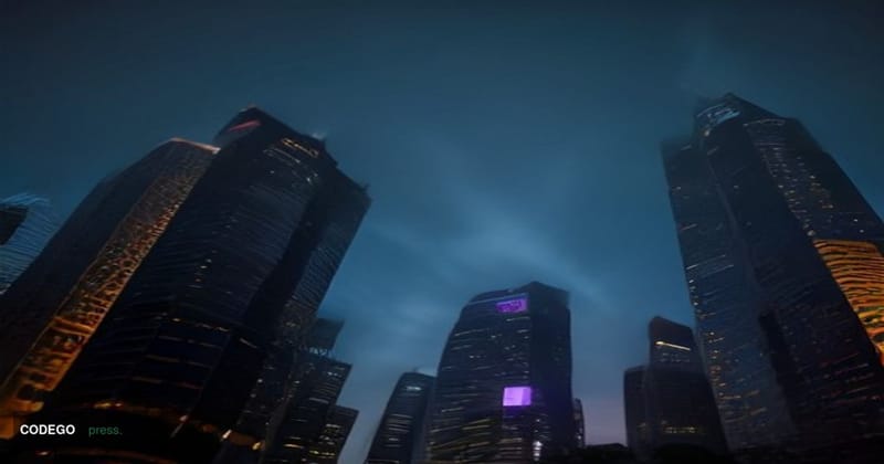 A cinematic editorial photograph set in Singapore's central business district, viewed from a low-angle perspective looking up