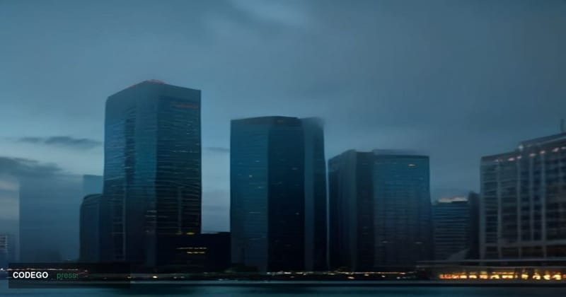 A photorealistic cinematic editorial photograph of the Monetary Authority of Singapore's distinctive modernist headquarters b