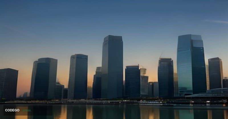 A sweeping low-angle cinematic shot of Singapore's central financial district skyline at dusk, dominated by the iconic Marina