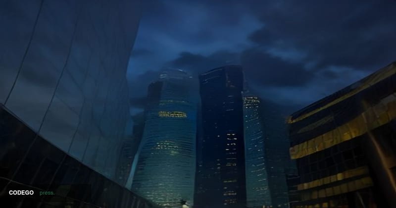 A dramatic cinematic editorial photograph of the Marina Bay waterfront district in Singapore at dusk, captured from a low wid