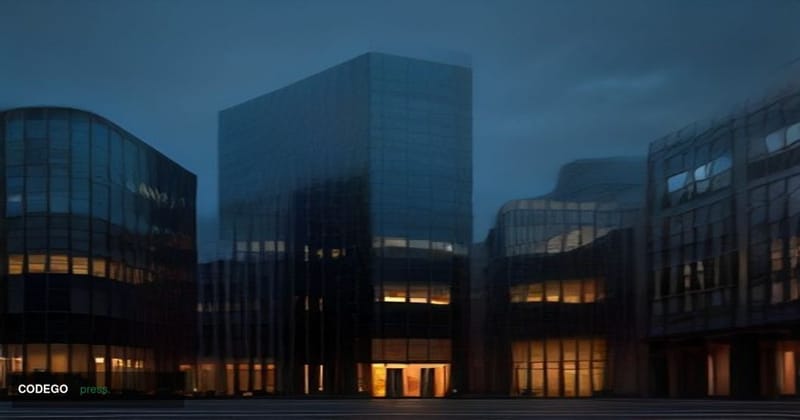 A cinematic editorial photograph set in Zurich's financial district at dusk, with the distinctive glass-and-steel architectur