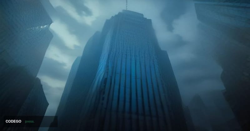 A cinematic editorial photograph shot at low angle looking upward along a gleaming glass-and-steel financial district corrido