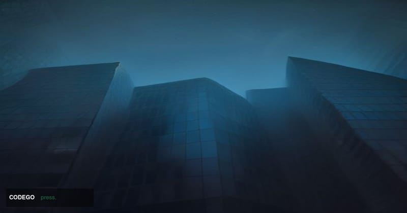 A dramatic cinematic editorial photograph shot at ground level looking upward at two contrasting architectural structures sid
