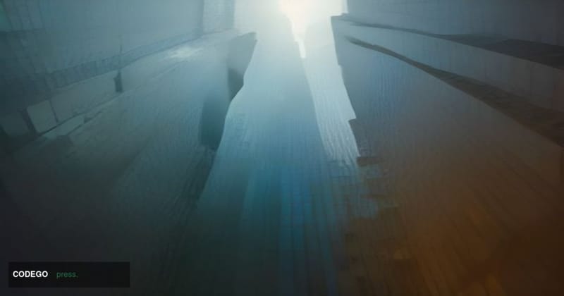 A dramatic cinematic editorial photograph shot from a low angle looking upward at two towering glass corporate skyscrapers fa