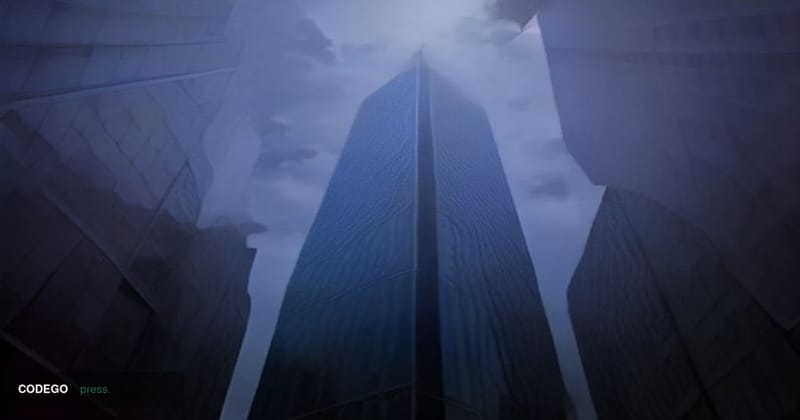 A dramatic cinematic editorial photograph taken from street level looking upward at the glass-and-steel towers of Seoul's Yeo