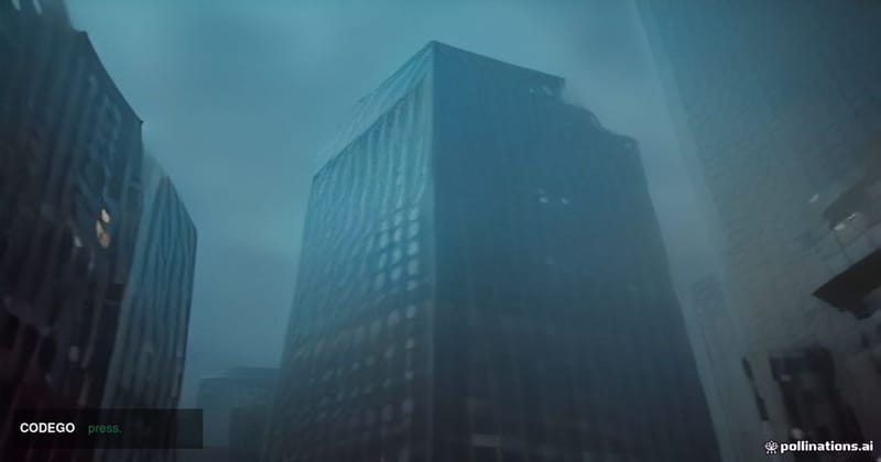 A cinematic editorial photograph shot from a low angle looking upward at the glass-and-steel facades of two imposing financia