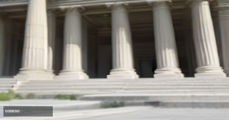 A cinematic photorealistic editorial photograph shot at ground level looking up at the neoclassical white stone facade of the
