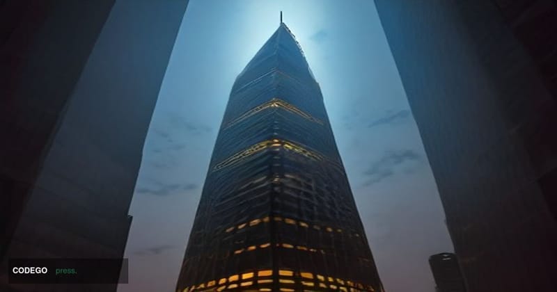 A dramatic cinematic editorial photograph of a sleek, modernist glass-and-steel financial tower in the Dubai International Fi