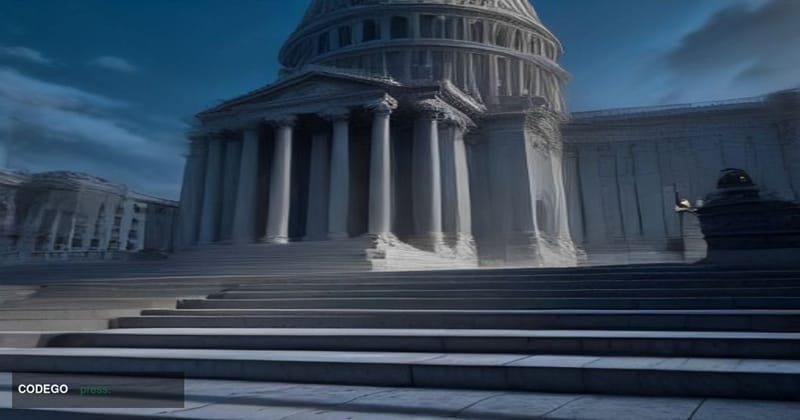 A wide-angle cinematic editorial photograph taken at dusk from street level looking upward at four towering U.S. state capito
