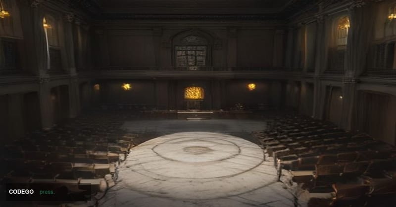 A photorealistic editorial photograph set inside a grand, marble-floored congressional hearing chamber, shot from a low-angle
