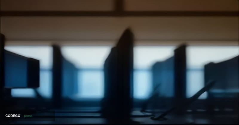 A cinematic editorial photograph of a dimly lit financial security operations center, shot from a low-angle wide perspective,