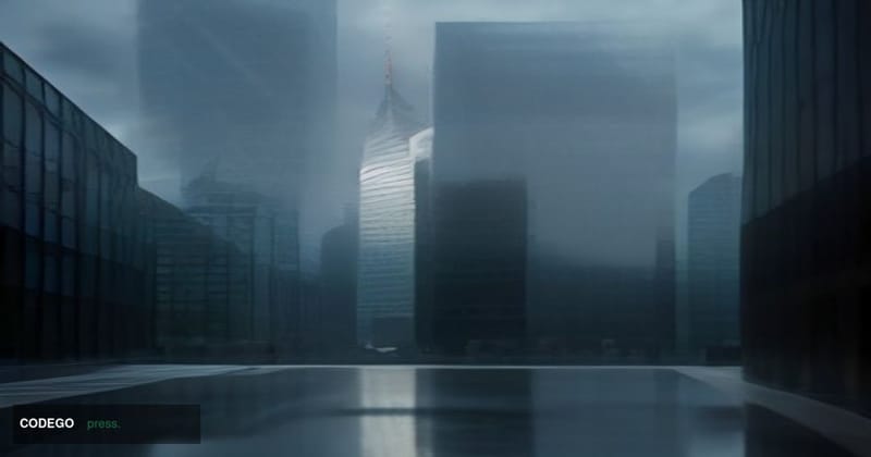 A cinematic editorial photograph set in Zurich's iconic financial district, with the sweeping glass-and-steel facades of Swis