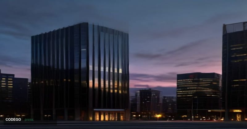 A dramatic wide-angle exterior shot of a modern glass-and-steel mid-rise bank building in downtown Denver at dusk, the Rocky 