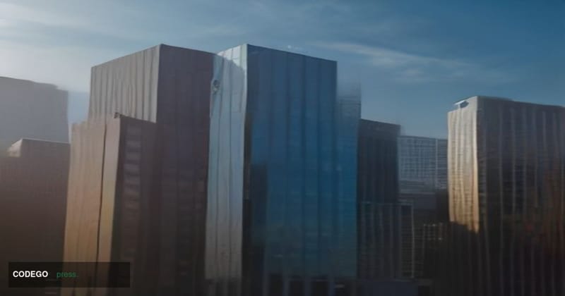 A cinematic editorial photograph of a sleek, modernist financial district office building in Denver, Colorado, shot from a lo
