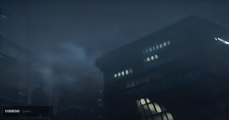 A cinematic editorial photograph shot at a low angle looking up at a sleek glass-and-steel cryptocurrency exchange office bui