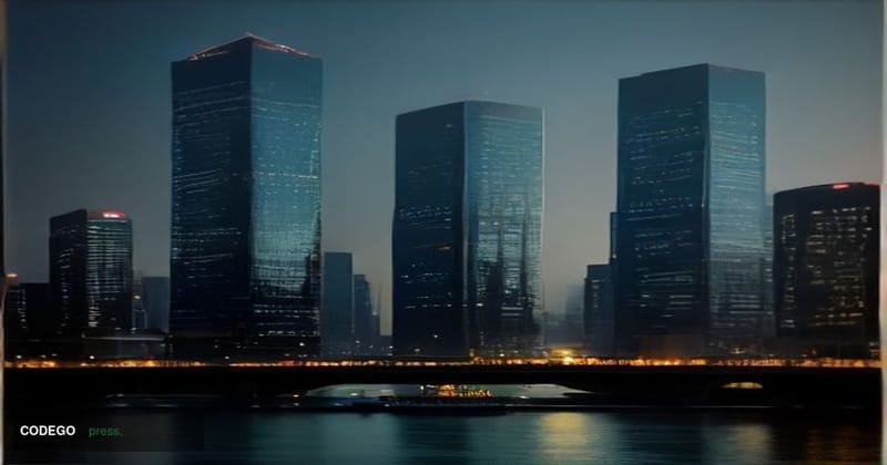 A photorealistic editorial photograph set in Bangkok's financial district at dusk, with the iconic skyline of glass-and-steel