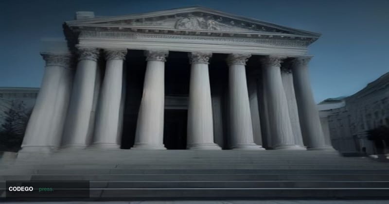 A dramatic editorial photograph of a monumental courthouse exterior shot from a low angle at dusk, its neoclassical stone col