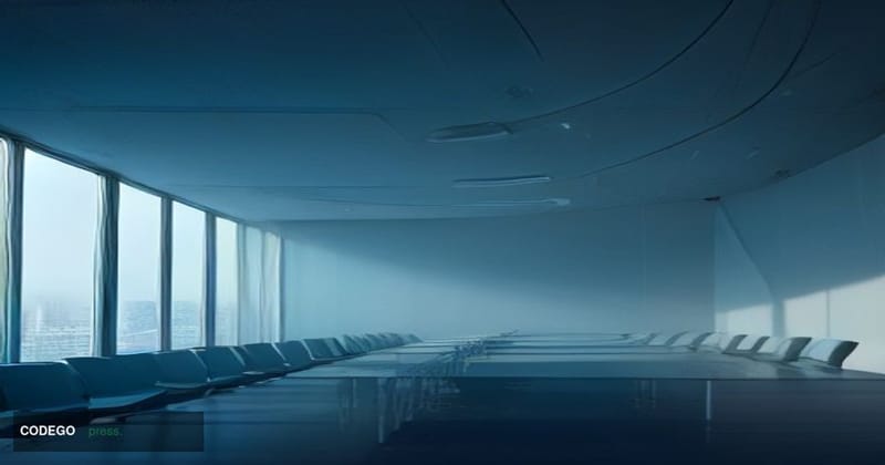 A cinematic editorial photograph set inside a sleek, modern financial technology operations center, shot from a low angle loo