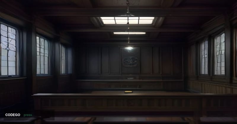 A cinematic editorial photograph set in an austere British magistrates' courtroom interior, shot from a low angle looking up 