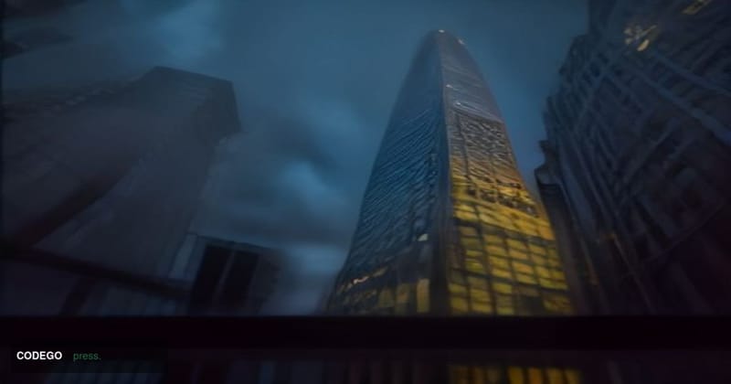 A cinematic editorial photograph shot at ground level looking up at the glass-and-steel facade of a London financial district