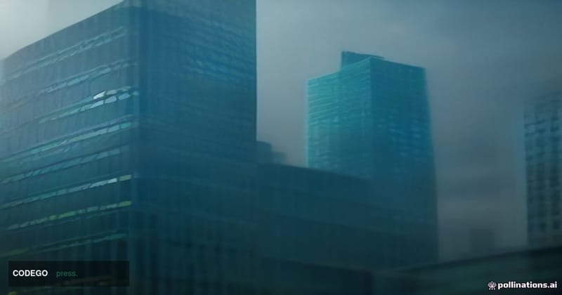 A cinematic editorial photograph shot from a low angle looking up at the glass-and-steel facade of a modern London financial 