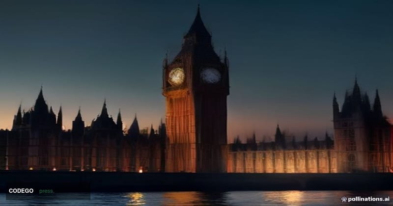 A cinematic editorial photograph of the exterior of the Palace of Westminster viewed from across the Thames at dusk, with the
