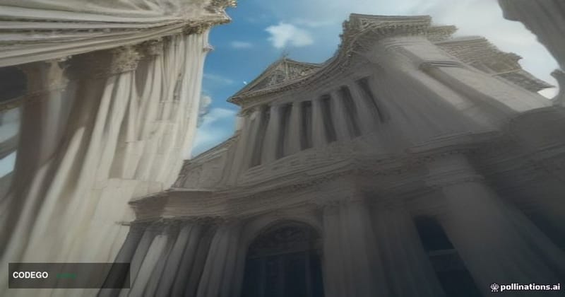 A wide-angle cinematic editorial photograph taken from a low angle looking up at two imposing neoclassical government buildin