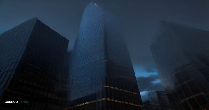 A dramatic cinematic editorial photograph of a sleek modern glass-and-steel corporate banking tower in Frankfurt's financial 