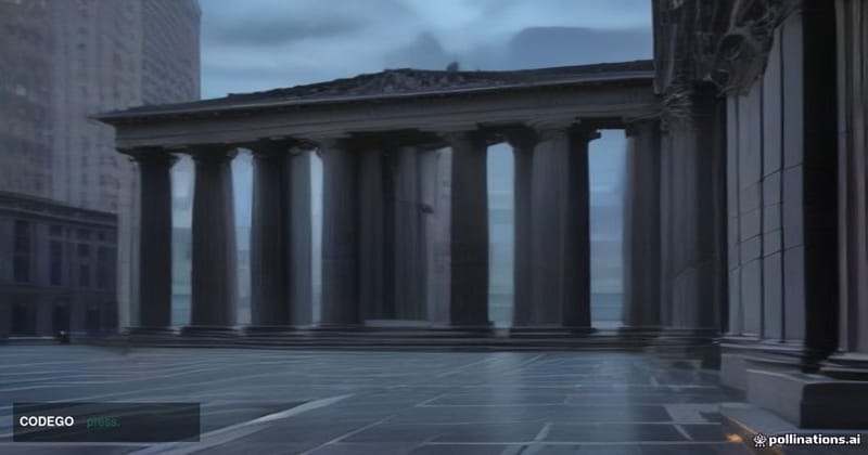 A photorealistic editorial photograph of a grand neoclassical American bank headquarters exterior at twilight, its polished g
