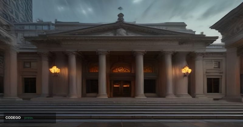 A cinematic photorealistic editorial photograph of a grand neoclassical American bank headquarters at dusk, its imposing ston