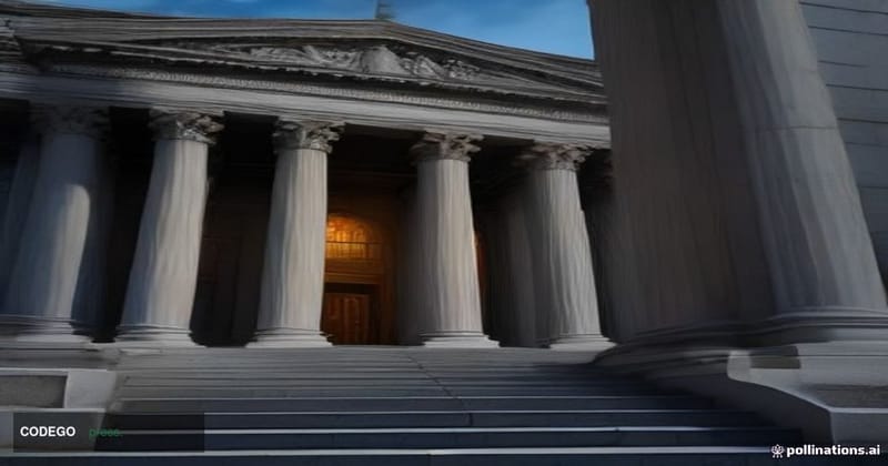 A dramatic wide-angle shot of the exterior of a monumental neoclassical federal financial regulatory building in Washington D