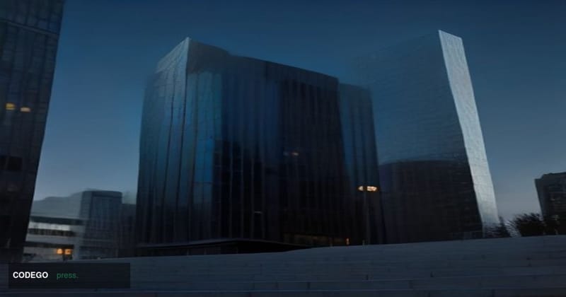 A dramatic cinematic editorial photograph set in the financial district of Ankara, Turkey, at dusk — a monolithic concrete an