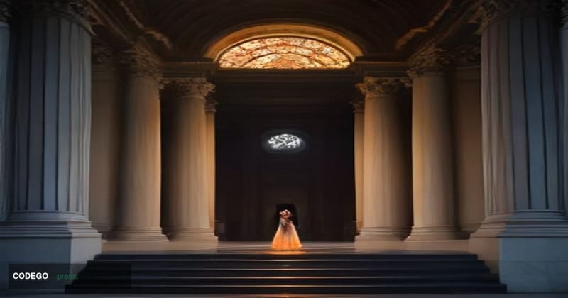 A cinematic editorial photograph set at dusk outside a grand neoclassical government building evoking Washington D.C.'s insti