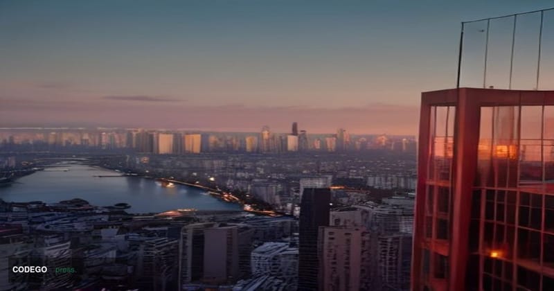 A sweeping cinematic aerial shot at golden hour over the Hanoi skyline along the Red River, with the iconic Long Biên Bridge 