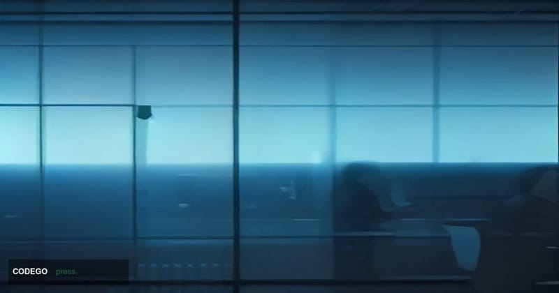 A cinematic editorial photograph set inside a sleek, modern banking operations center with curved glass walls and ambient blu