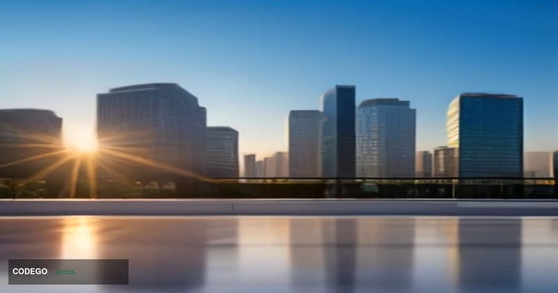 A cinematic editorial photograph of Visa's Foster City corporate campus exterior at golden hour, the glass-and-steel facade c